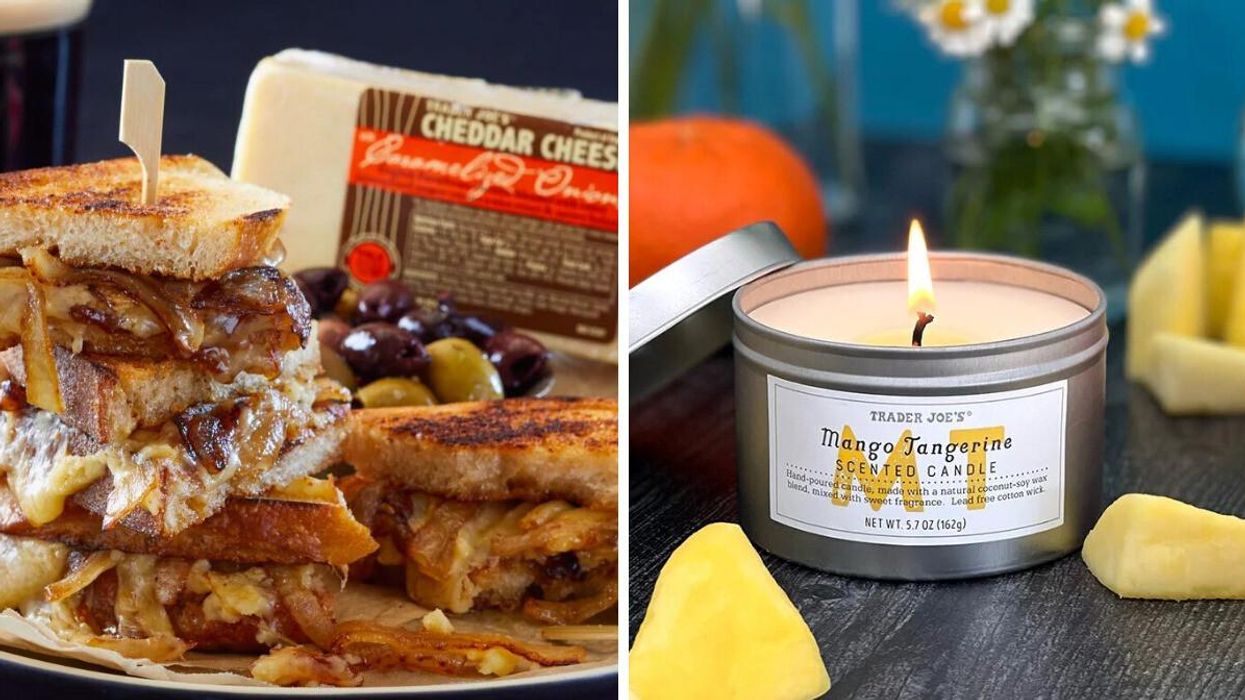 A grilled cheese made with TJ's caramelized onion infused brick. Right: A mango tangerine candle.
