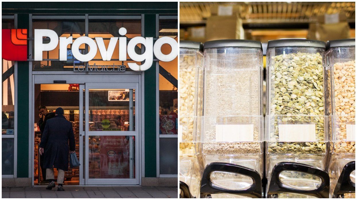 A grocery store entrance. Right: Nuts in a grocery store.