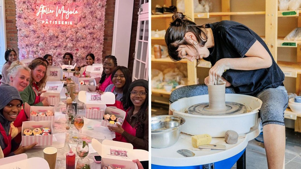 A group holds up boxes of cupcakes they're decorated. Right: Someone bent over a pottery wheel.