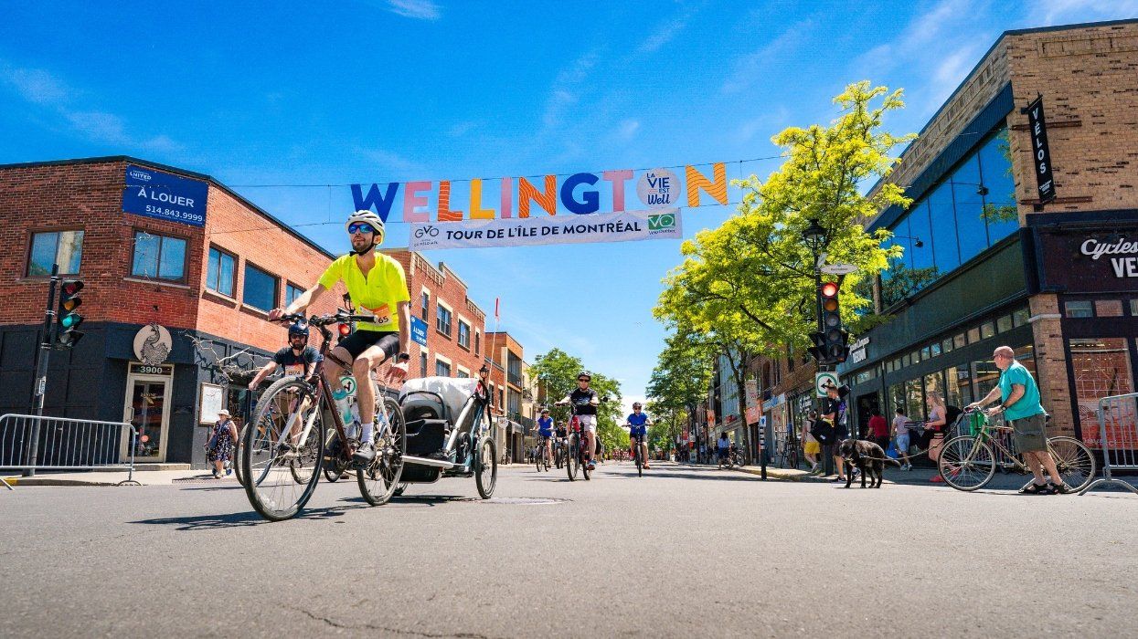 A group of cyclists ride in Montreal.