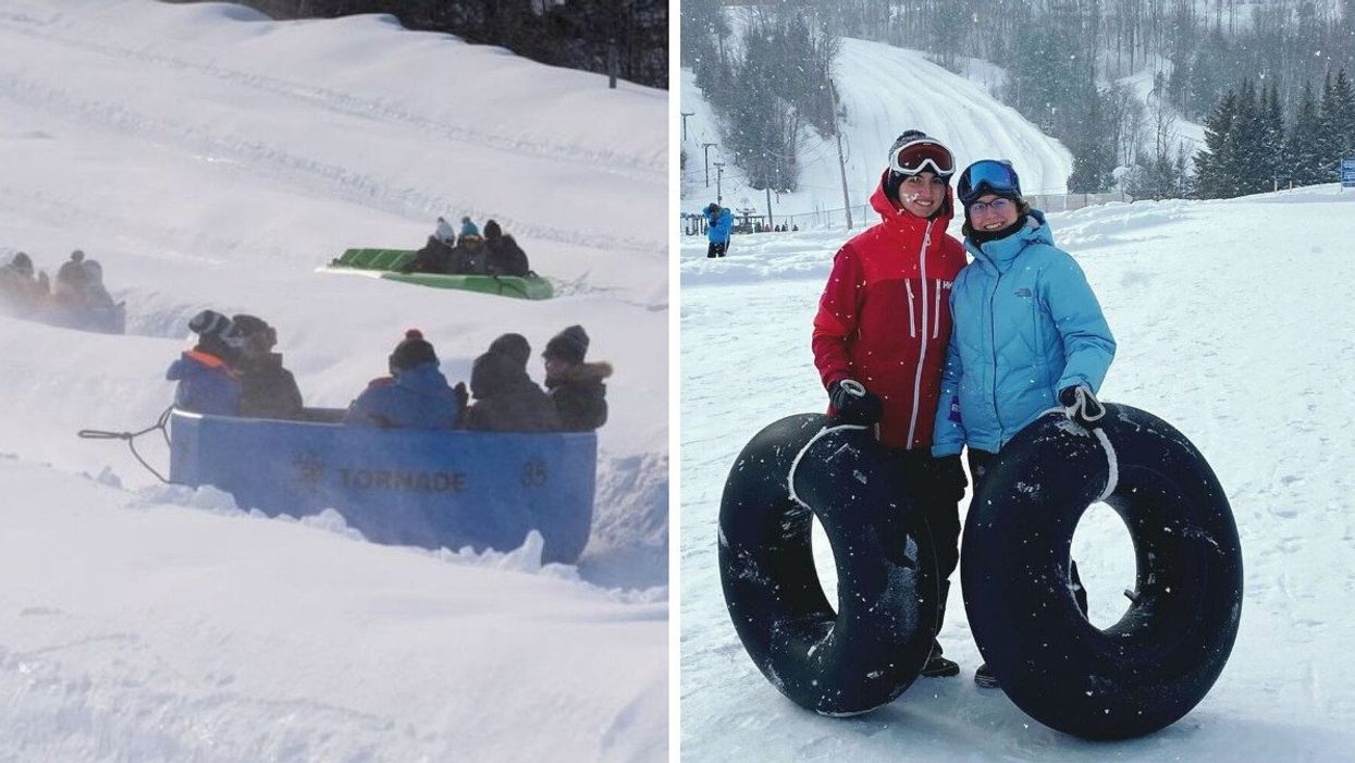 A group of five in a Tornado tube. Right: Two people hold snow tubes on a slope.