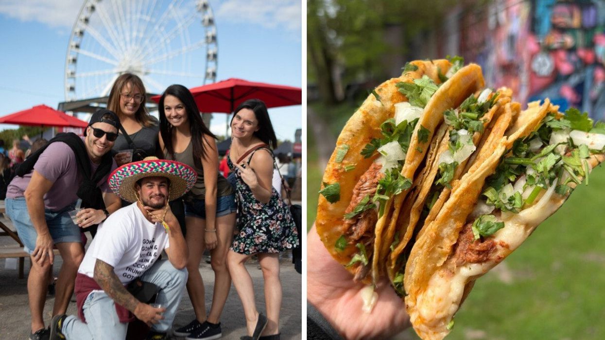 A group of friends pose and smile at Taco Fest Montreal. Right: A hand holds a giant taco from Taco Fest.