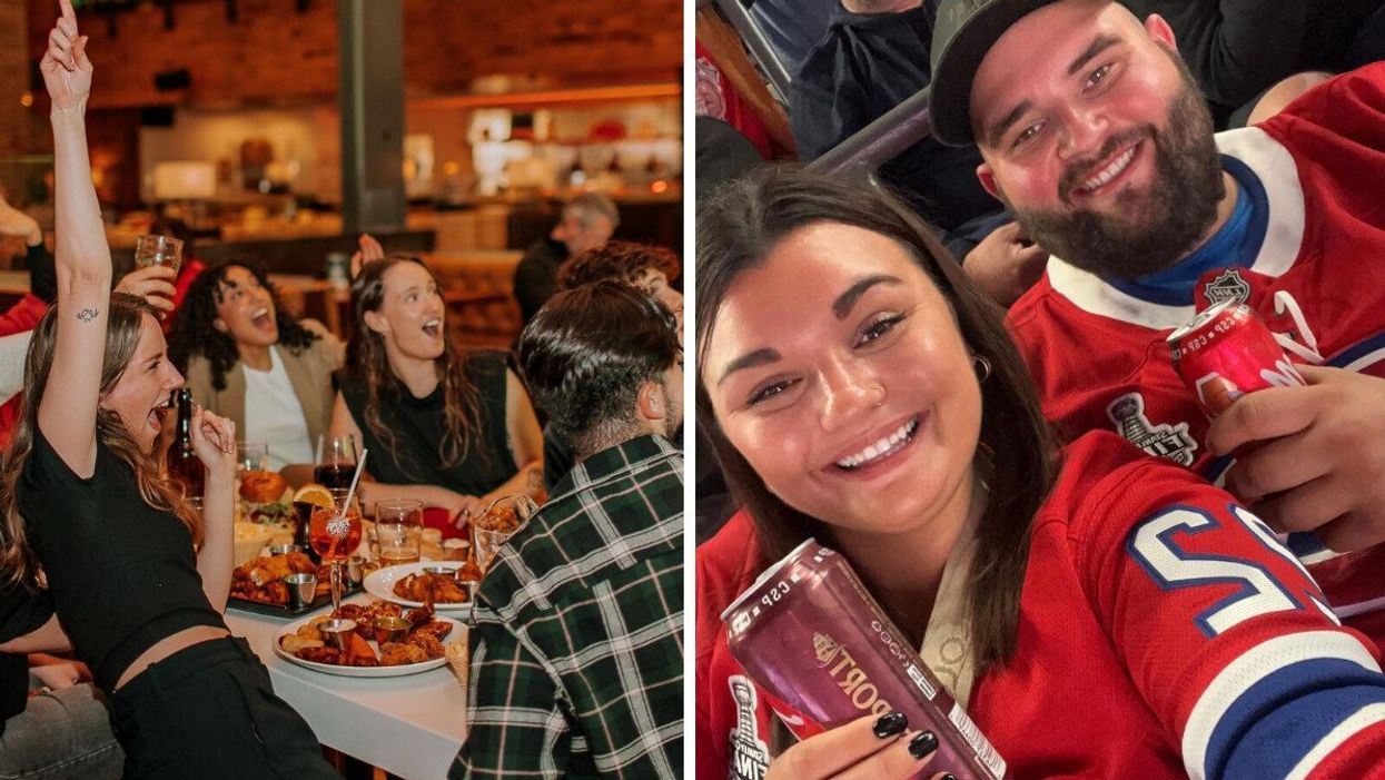 A group of friends sitting around a table in a pub cheering at a sports game out of frame. Right: A couple wearing Montreal Canadiens jerseys smile at the camera while holding Molson Export cans.