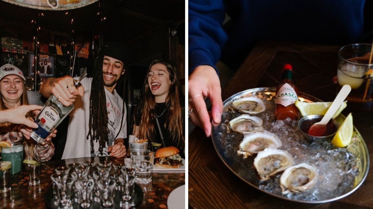 A group of people at a bar in Montreal pouring shots of tequila at a table. Right: A person holding a tray of five oysters with hot sauce and lemon on the side.