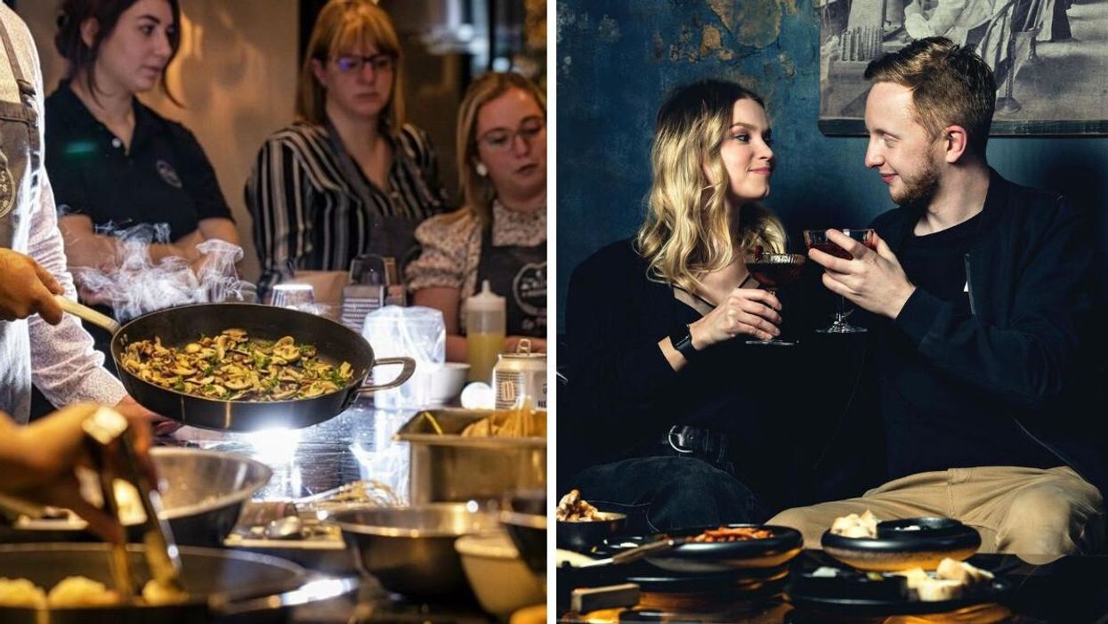 A group of people at a cooking class. Right: Two people clink glasses.