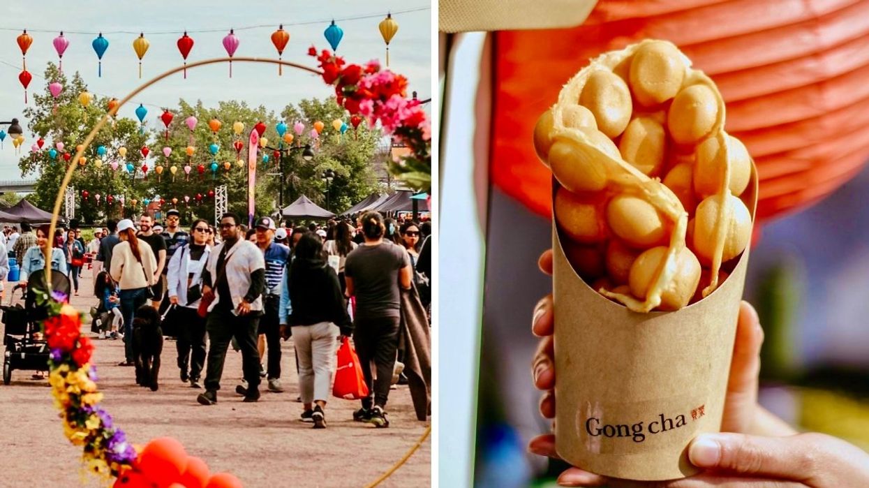 A group of people attending a Vietnamese street food festival in a park setting with colourful lanterns hanging from posts. Right: A person holding a Gong cha brand bubble waffle in a compostable cup.