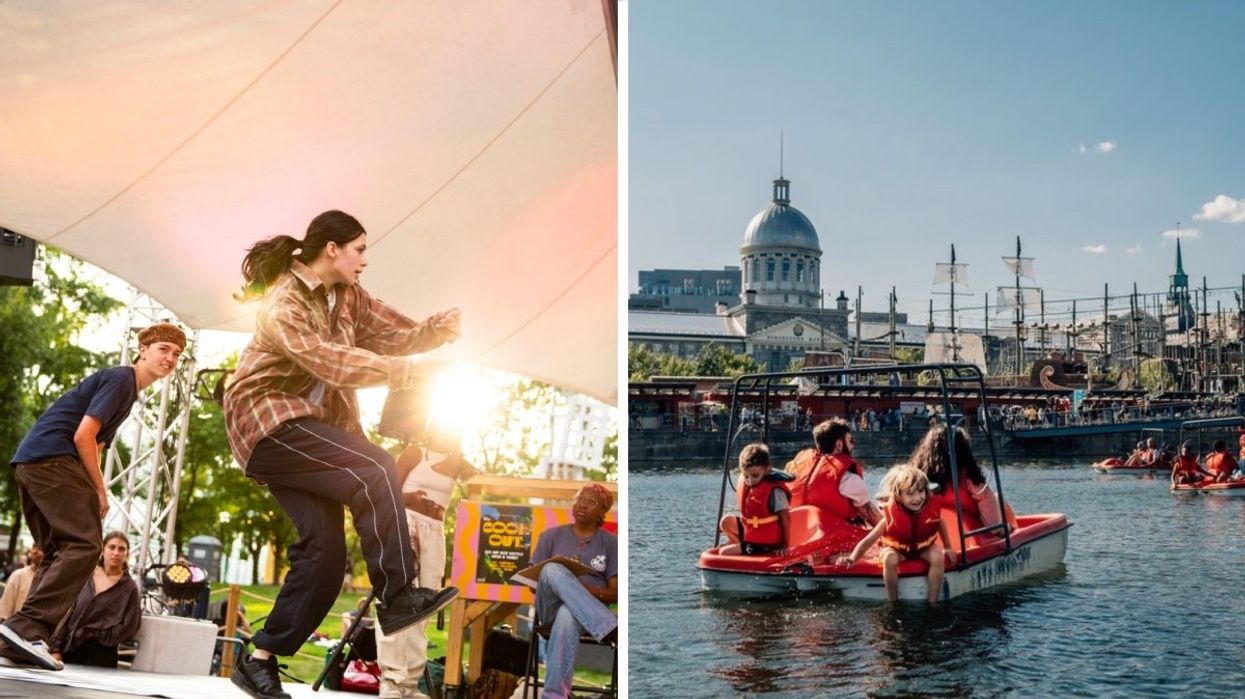 A group of people breakdancing in Montreal. Right: A family inside a pedal boat in Montreal's Old Port. 