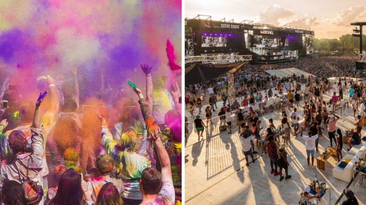 A group of people covered in paint at the Holi Canada race, Right: An aerial view of the IleSoniq festival.