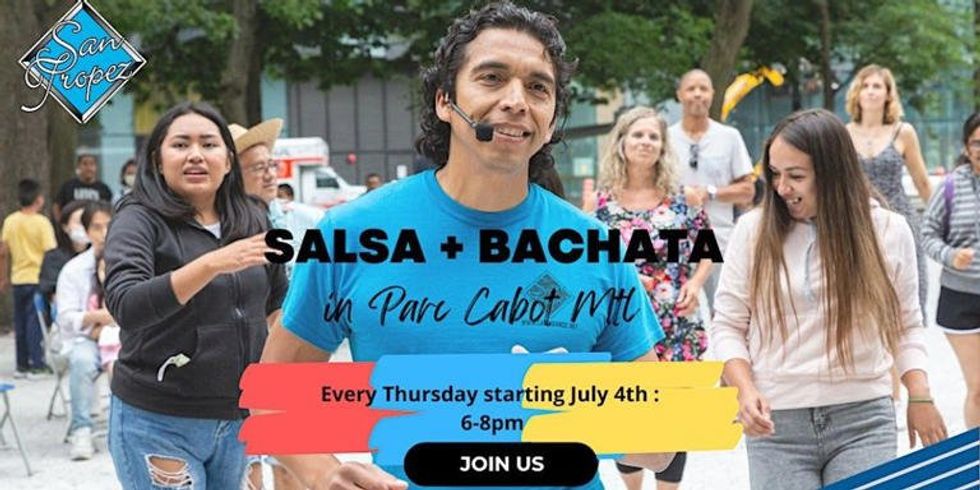 A group of people dancing salsa outdoors in Montreal. \u200b