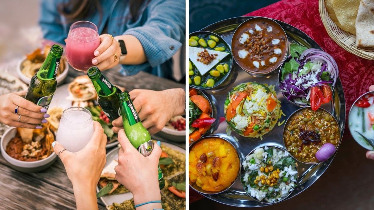A group of people drinking beer and cocktails and eating Lebanese manoushé from Café Chez Teta in Montreal. Right: The thali dish served at Resto Tula in Montreal.
