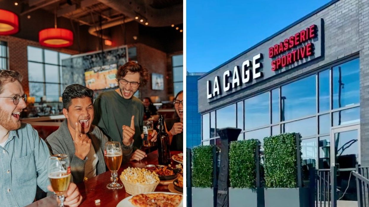A group of people enjoying pizza and beer at La Cage. Right: The exterior of a La Cage Brasserie Sportive restaurant in Quebec.