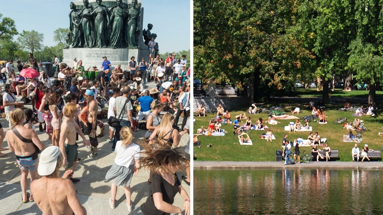 A group of people in Montreal dancing to drum music at Parc Jeanne-Mance. Right: People sitting in the sun and enjoying picnics at Montreal's Parc La Fontaine.