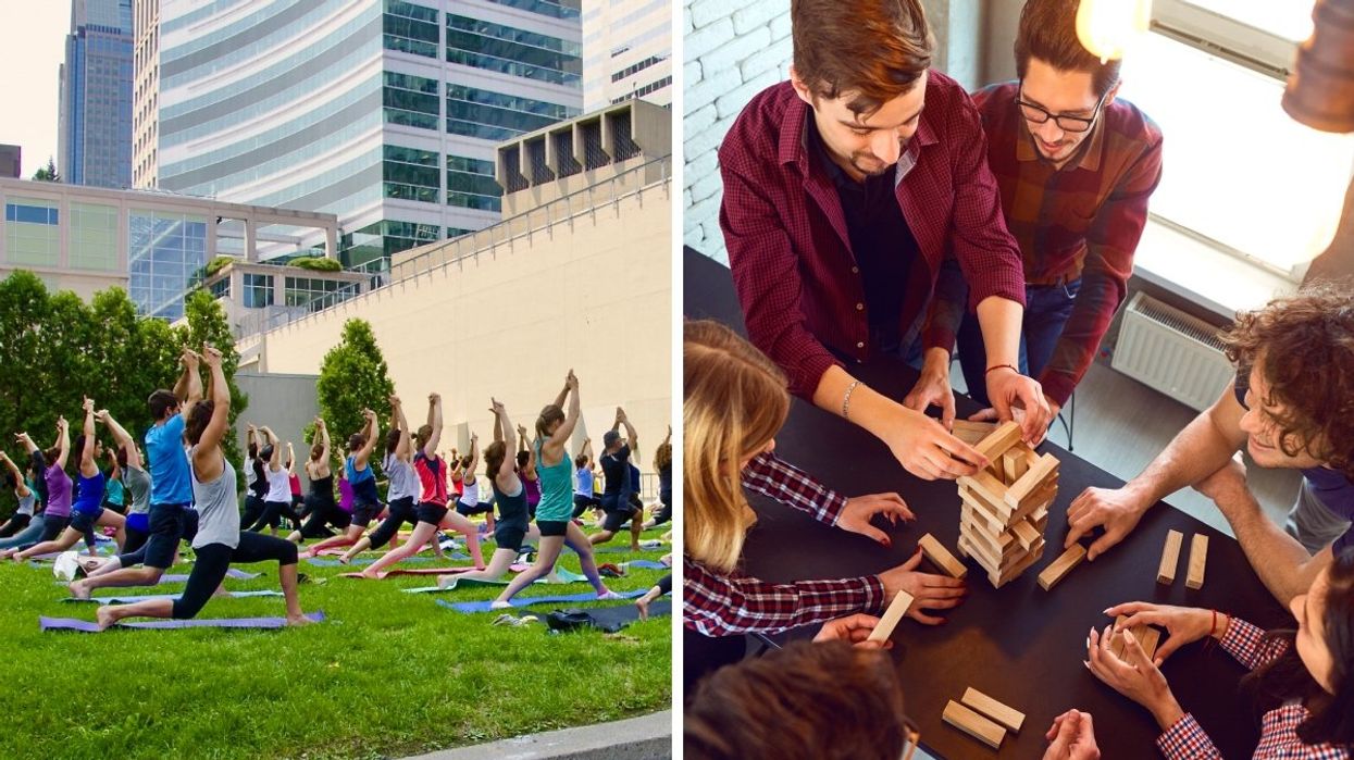 A group of people participating in an outdoor yoga class in Montreal. Right: A group of friends playing Jenga.