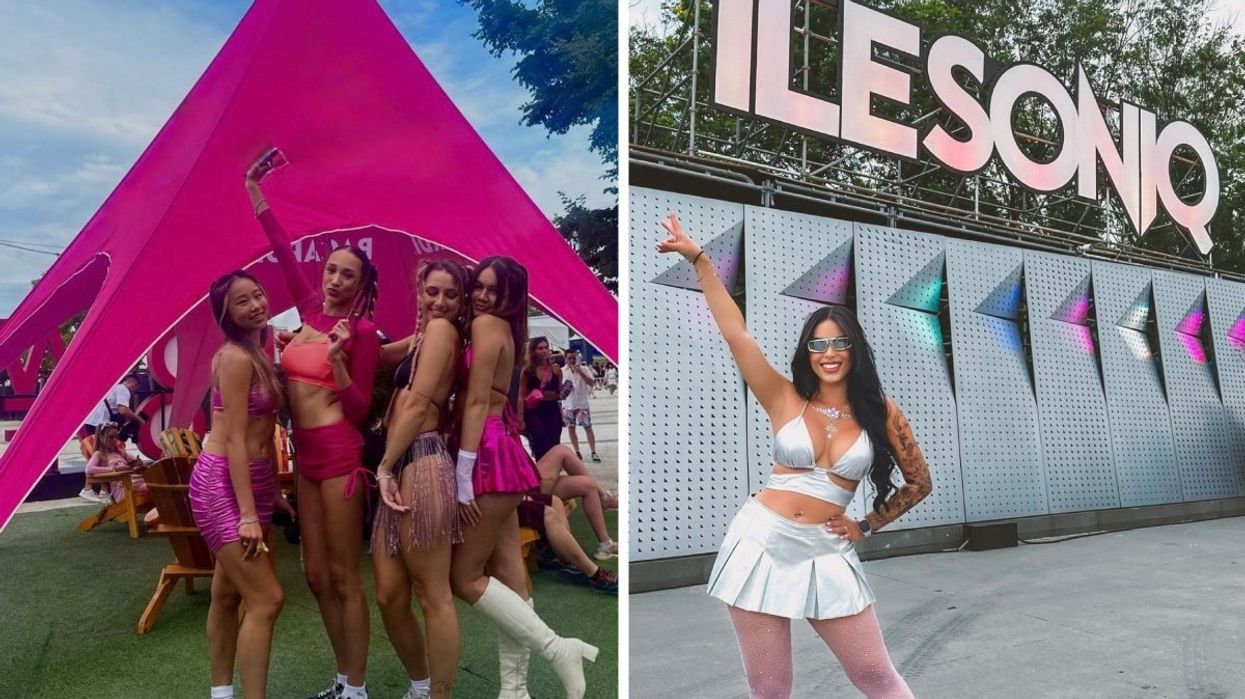 A group of people posing in pink outfits at Montreal's îLESONIQ music festival, Right: A person wearing a silver outfit posing in front of the îLESONIQ sign.