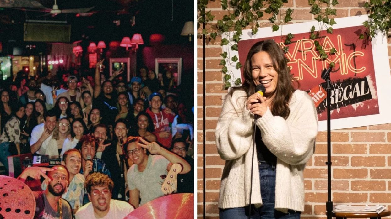 A group of people posing together at the Blue Dog Hotel in Montreal. Right: A person doing stand up comedy at a L'Vrai En Mic show.