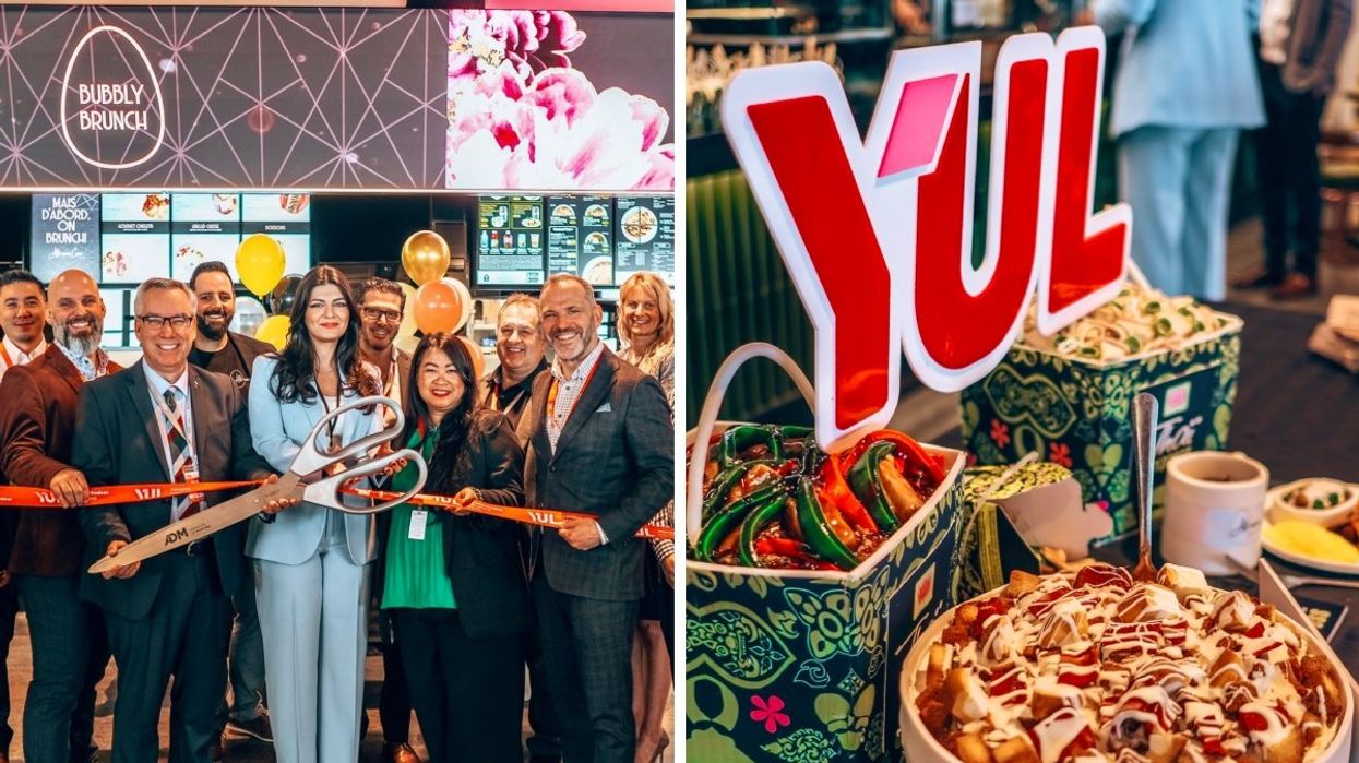 A group of people standing in front of a newly opened restaurant at the Montreal airport holding a giant pair of scissors. Right: A table of various Thai dishes and brunch potatoes along with a huge 'YUL' sign.