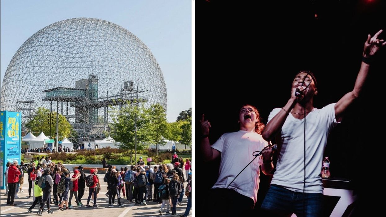 A group of students at Montreal's Parc Jean-Drapeau with the Biosphere in the background. Right: Two people performing on stage wearing white t shirts and jeans.