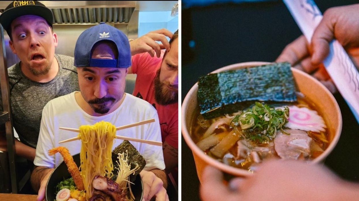 A group of three people holding up a giant seafood ramen dish. Right: A person holding a pair of chopsticks in one hand and a bowl of ramen in the other hand.