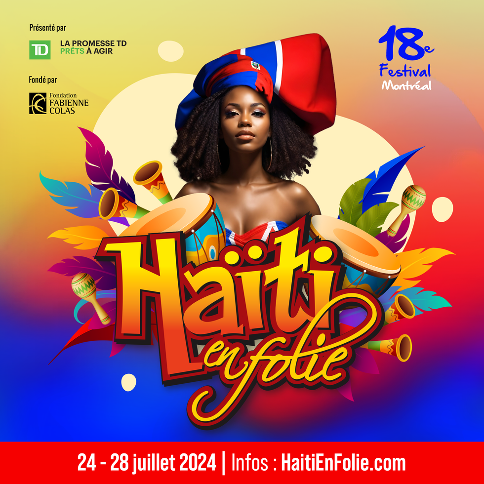 A Haitian woman stands proudly behind the brightly coloured logo text for Haiti En Folie.