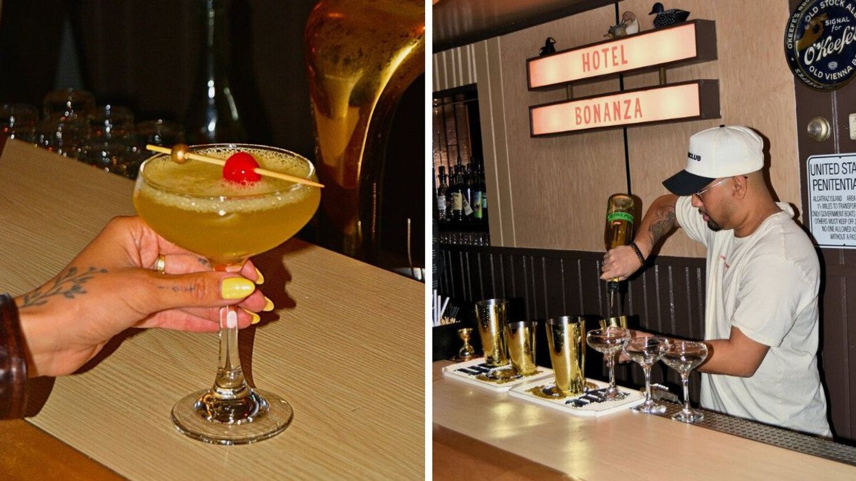 A hand holding a cocktail glass. Right: A person pouring drinks at a bar.