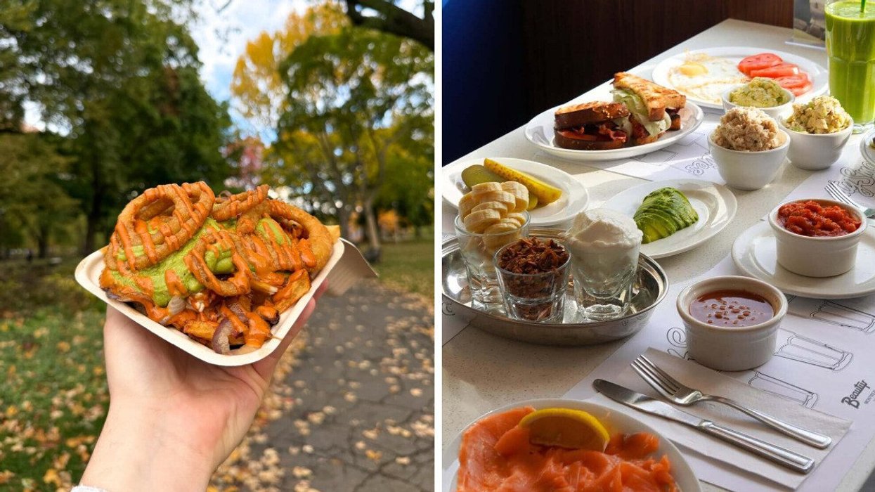 A hand holding a container of food. Right: A table with brunch items.