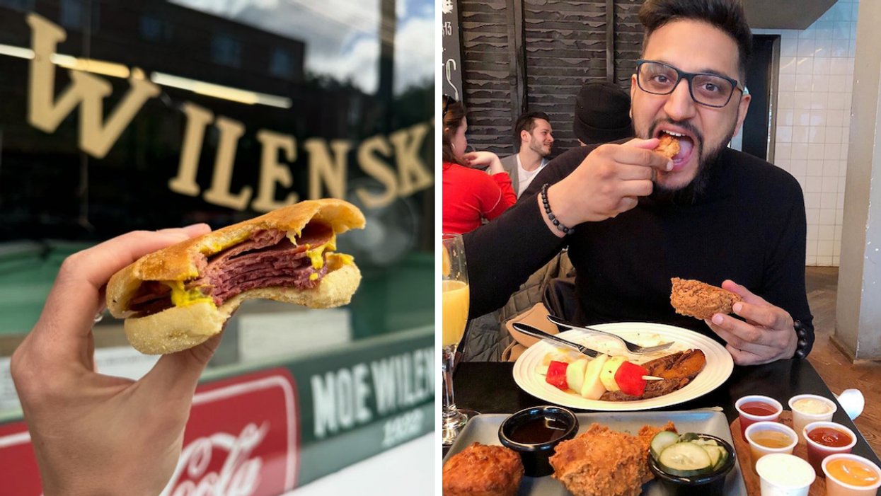 A hand holding a salami and bologna sandwich on a roll. Right: Someone bites into fried chicken as more plates of food sit on the table in front of them.