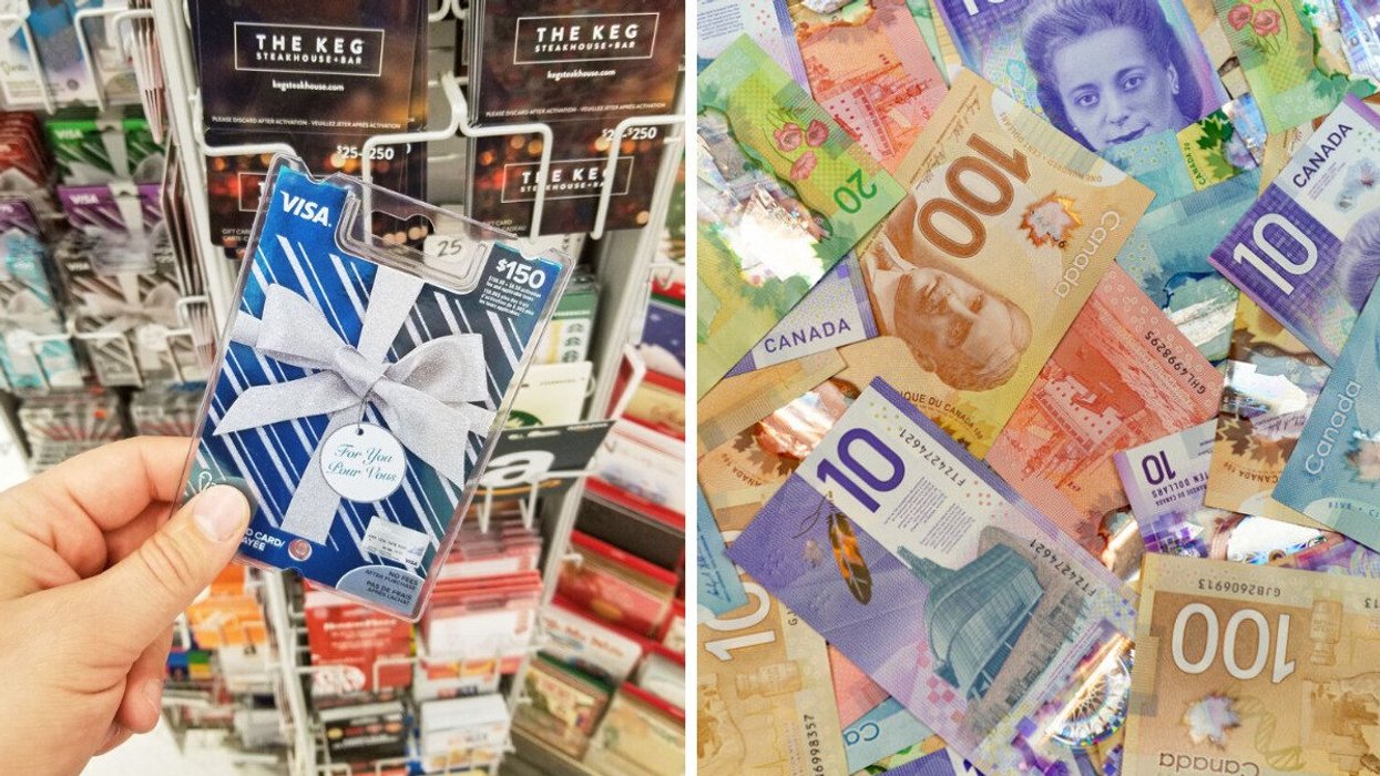 A hand holding a Visa 150 dollar gift card. Right: Canadian Money layout.