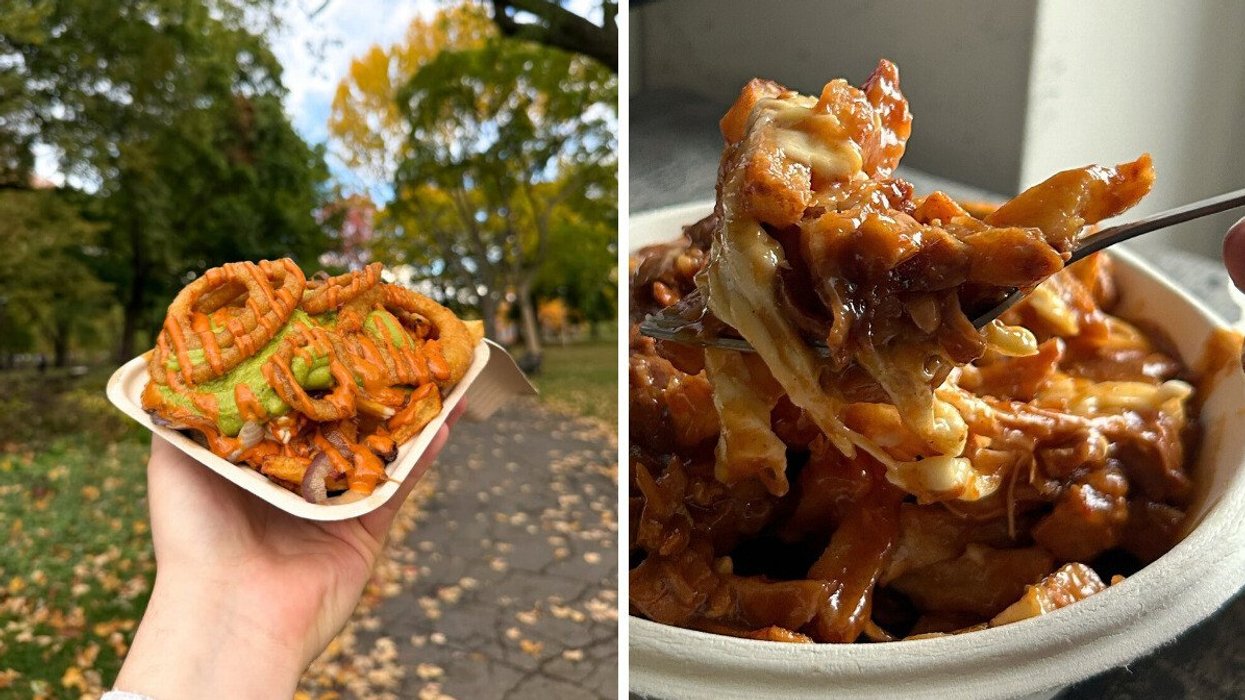 A hand holding poutine. Right: A fork with poutine on it.