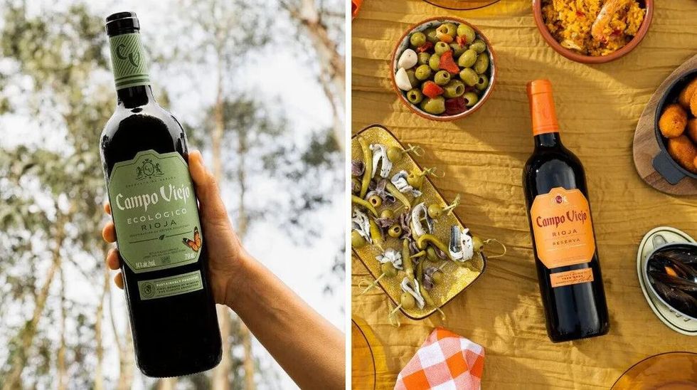 A hand holds a bottle of Campo Viejo Ecologico Rioja wine with out of focus trees in the background. Right: A bottle of Campo Viejo Rioja Reserva wine laying on a table surrounded by tapas dishes.