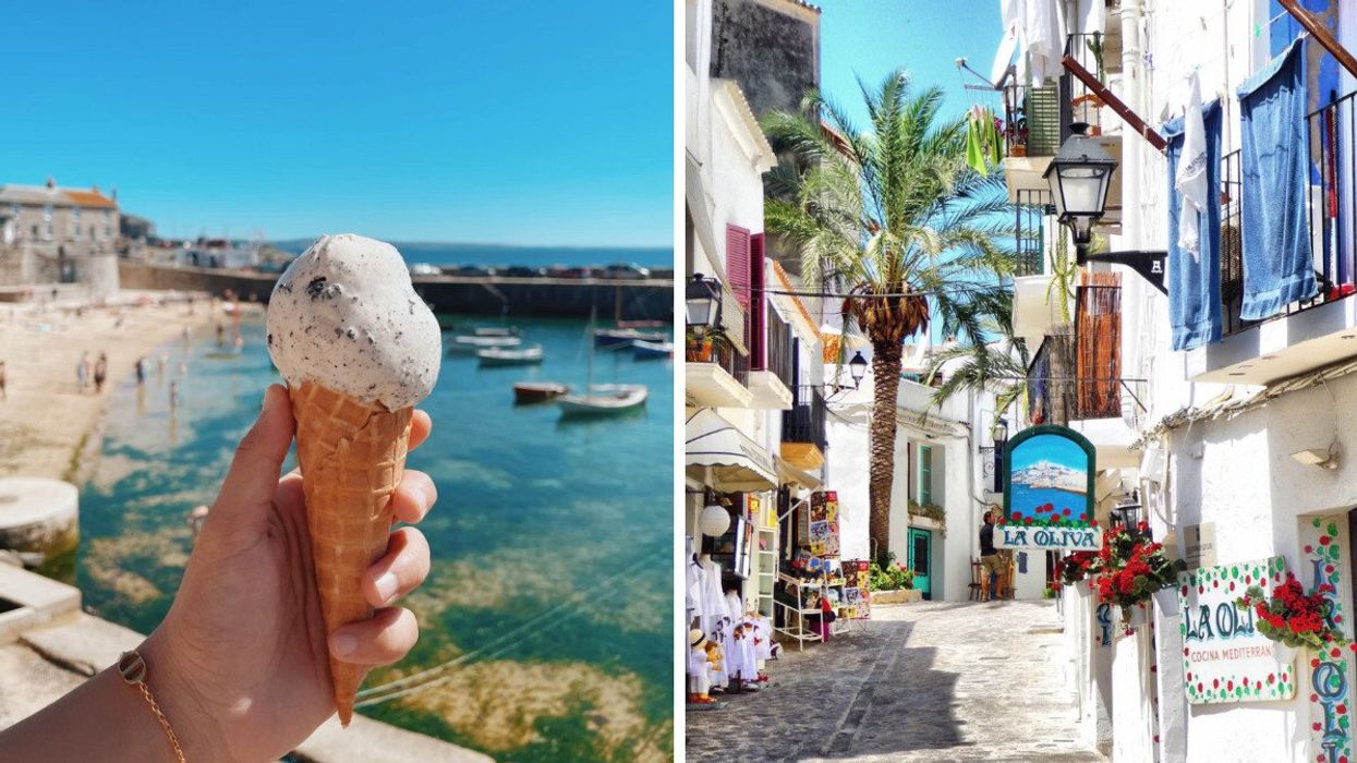 A hand holds an ice-cream in front of clear blue waters in the United Kingdom. Right: A quaint and sun-drenched street in Spain.