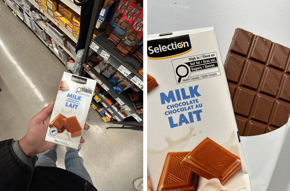 A hand holds Selection's milk chocolate bar. Right: Selection's milk chocolate bar.
