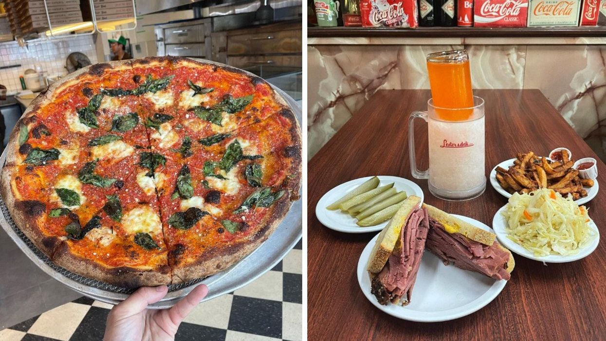 A hand holds up a huge pizza on a tray from Pizza Toni, Montreal. Right: A classic smoked meat sandwich set up from Lester's Deli.