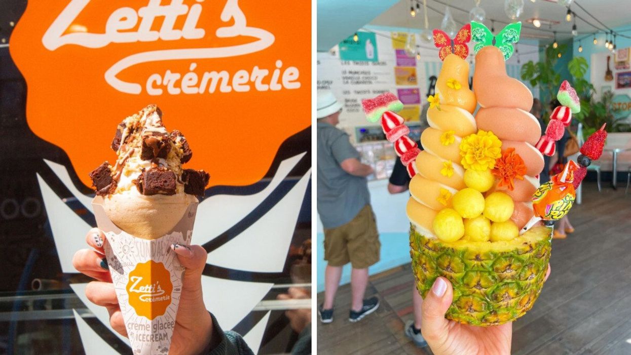 A hand holds up a tasty-looking ice cream cone from Zetti's in Montreal. Right: A hand holds up a dramatic a sundae served in a pineapple from Le Blueboy in Montreal.