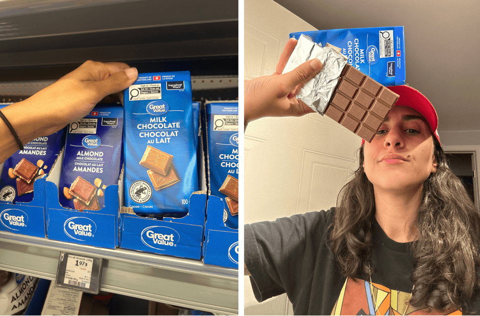 A hand selects a Great Value chocolate bar from a shelf. Right: Zeinab holds a Great Value chocolate bar.