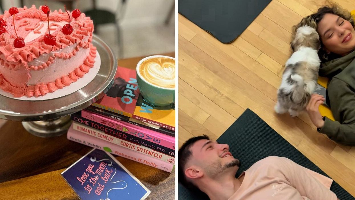 A heart cake by a stack of books with a latté on top. Right: Two people on yoga mats with a puppy.