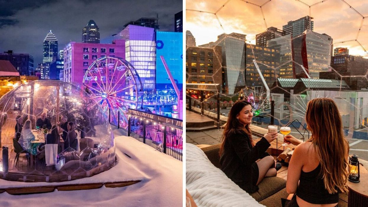 A heated dome on a terrace in Montreal. Right: People hold drinks in a dome at a restaurant in Montreal.