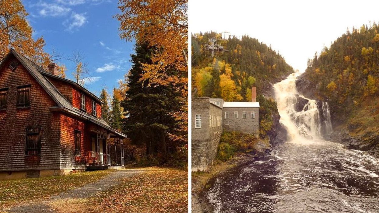 A historic house surrounded by fall leaves. Right: A waterfall beside a building.