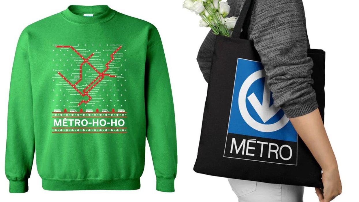 A holiday-themed Christmas sweater with the Montreal Metro map outline. Right: A person holding a Montreal Metro-themed tote bag.