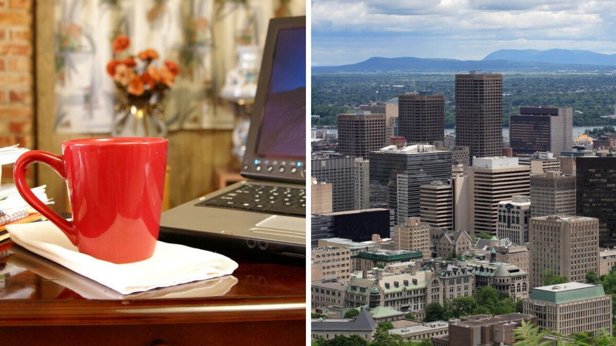 A home office. Right: The skyline of Montreal.