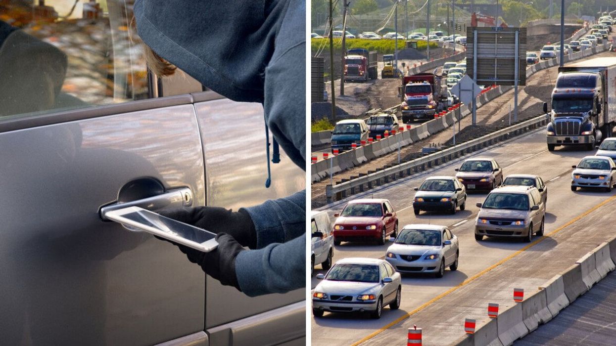 A hooded figure using a smartphone to open a car door. Right: Cars in Montreal (illustrative).