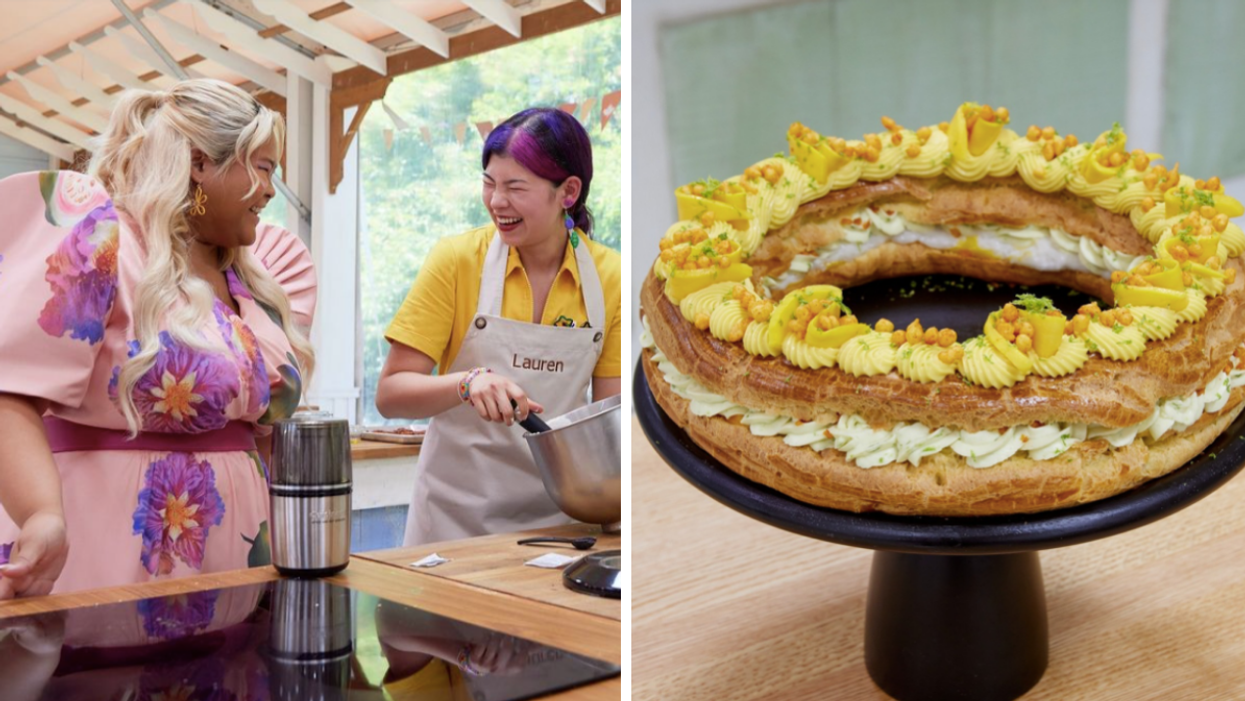 A host of the show interacting with a candidate while she bakes. Right: A finale signature cake during a past edition of the show.