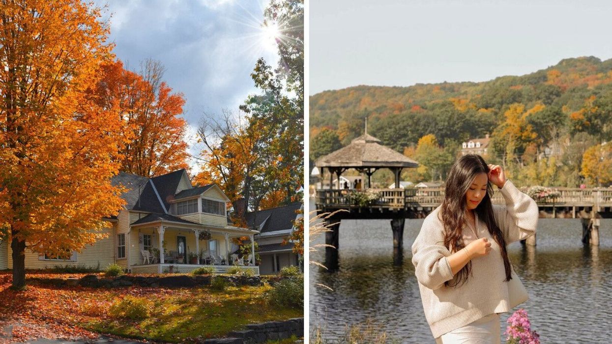 A house surrounded by fall leaves. Right: A person standing by a lake.