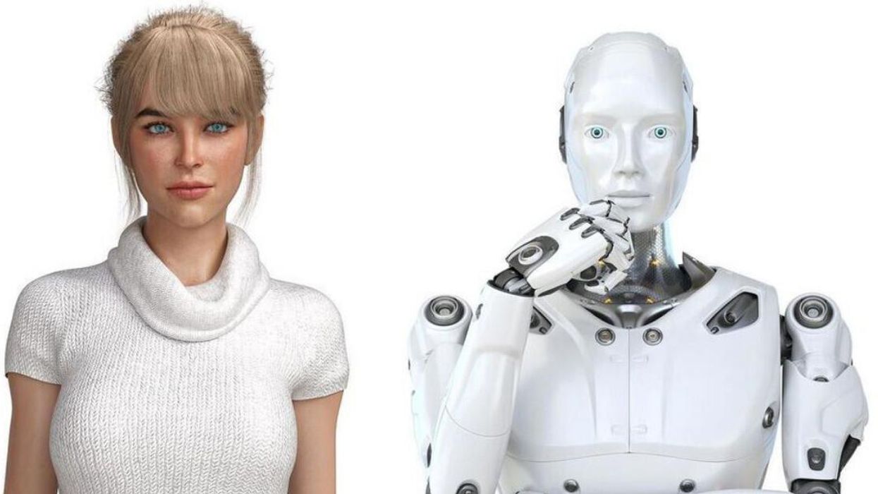 A human version of Lia27 stands next to a bionic humanoid figure with the same-coloured eyes.