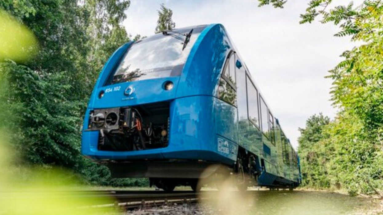 A hydrogen train on the rails, among trees.
