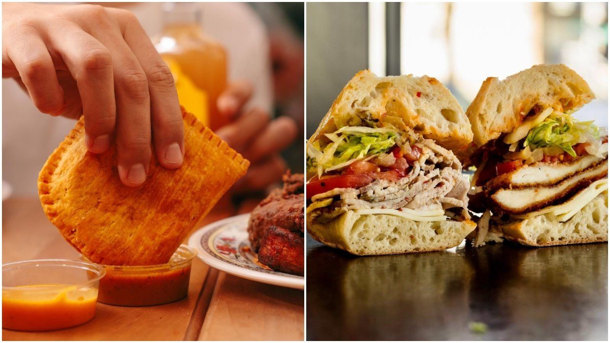 A Jamaican patty from Lloydie's. Right: An Italian sandwich.