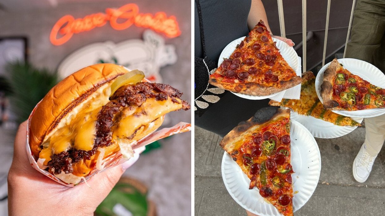 A juicy-looking burger from Montreal's Casse-Croûte MangeDansMonHood. Right: A selection of delicious slices from Pizza Toni in Montreal.