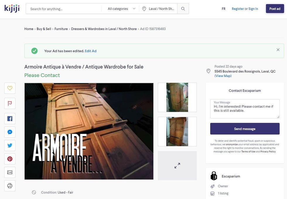 A Kijiji ad for an antique wardrobe (armoire) for sale in Laval.