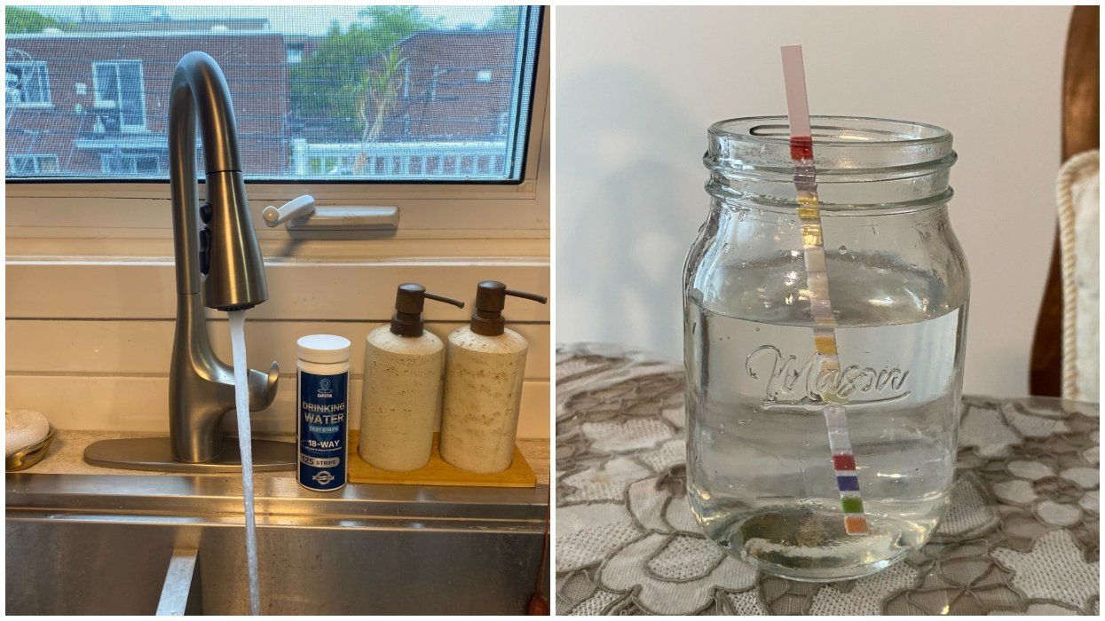 A kitchen sink. Right: A glass of water with a water test in it.