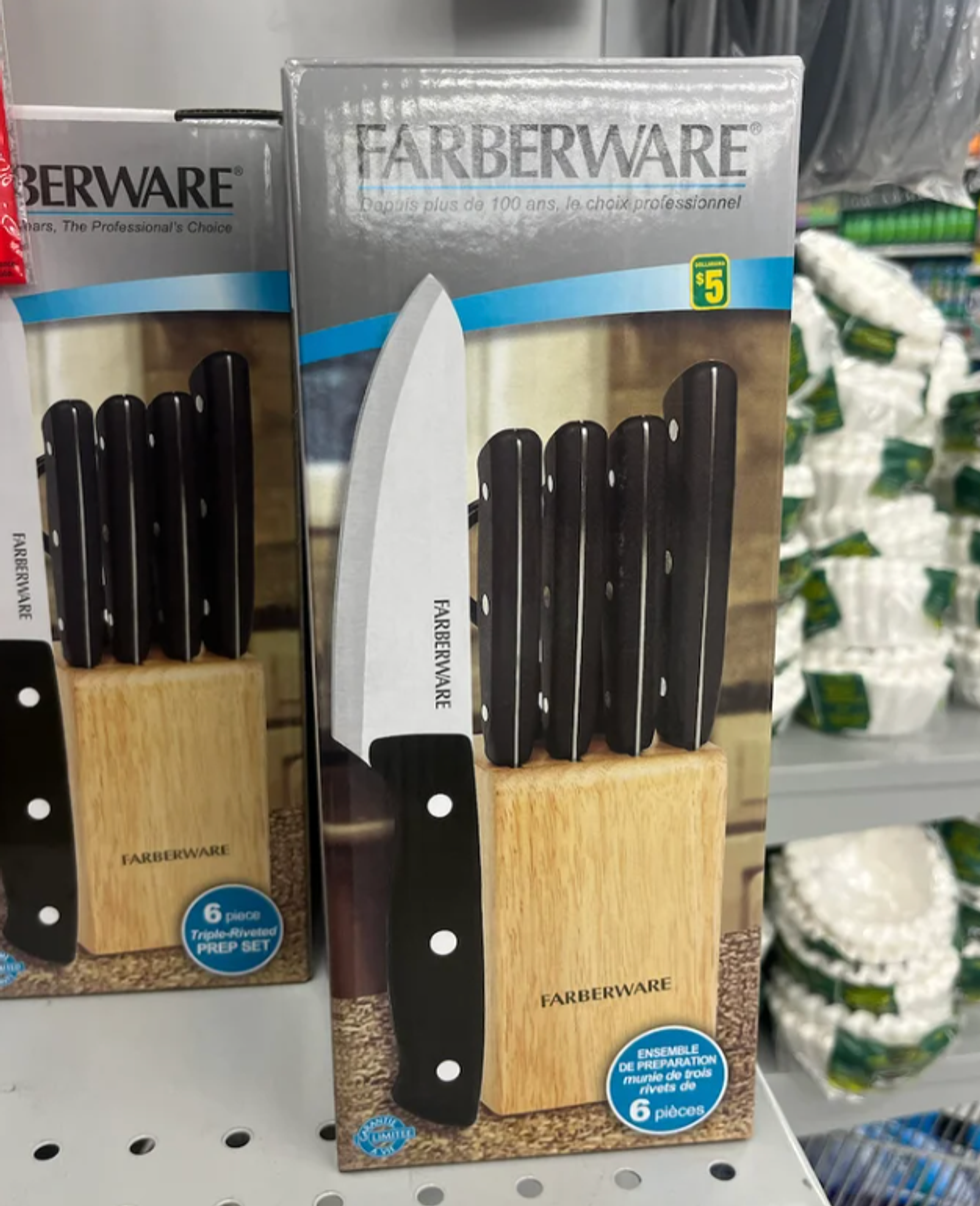 A knife set on a store shelf.