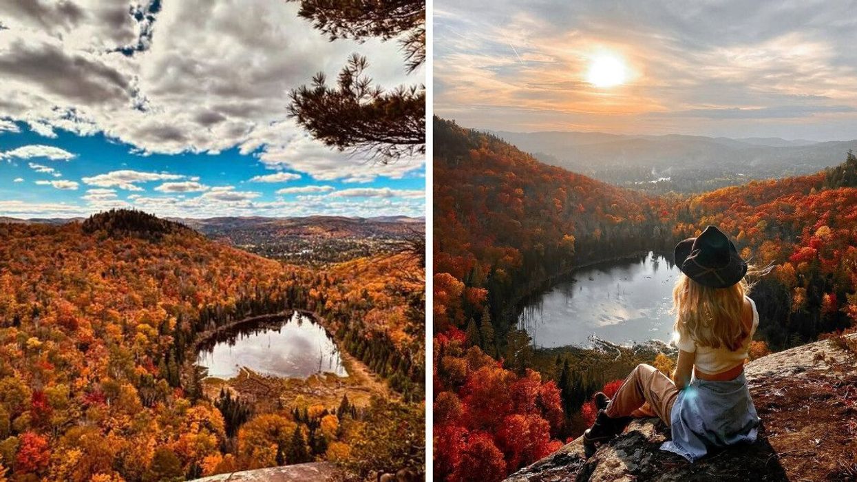 A lake surrounded by fall colours.